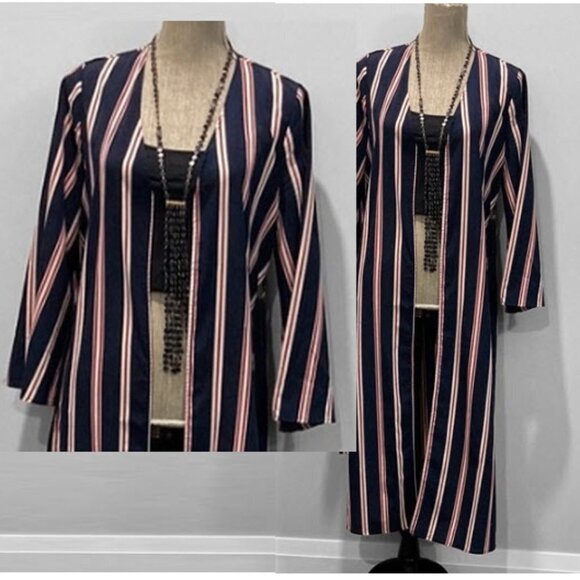 BLEUH Ciel Blue & Red Striped Duster Jacket Medium - Picture 3 of 16